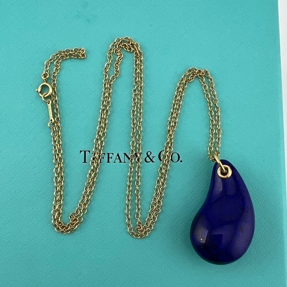 Vtg. Tiffany & Co. Elsa Peretti Lapis Lazuli Teardrop Necklace 18k Gold 24" - Picture 1 of 11